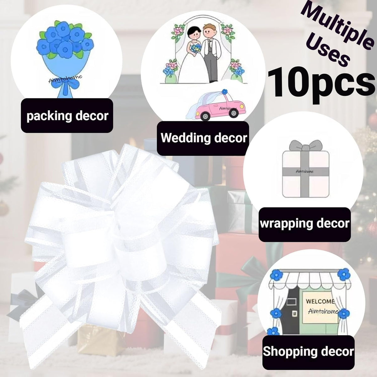 Small Pull Bows, 10 PCS 4 Inch White Gift Bows for Wrapping,Basket, Wedding,Birthday Party,Flower