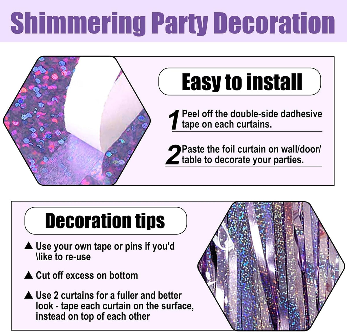 3 Pack Light Purple Foil Fringe Curtain Backdrop, 3.28Ft x 8.2Ft Metallic Tinsel Foil Fringe