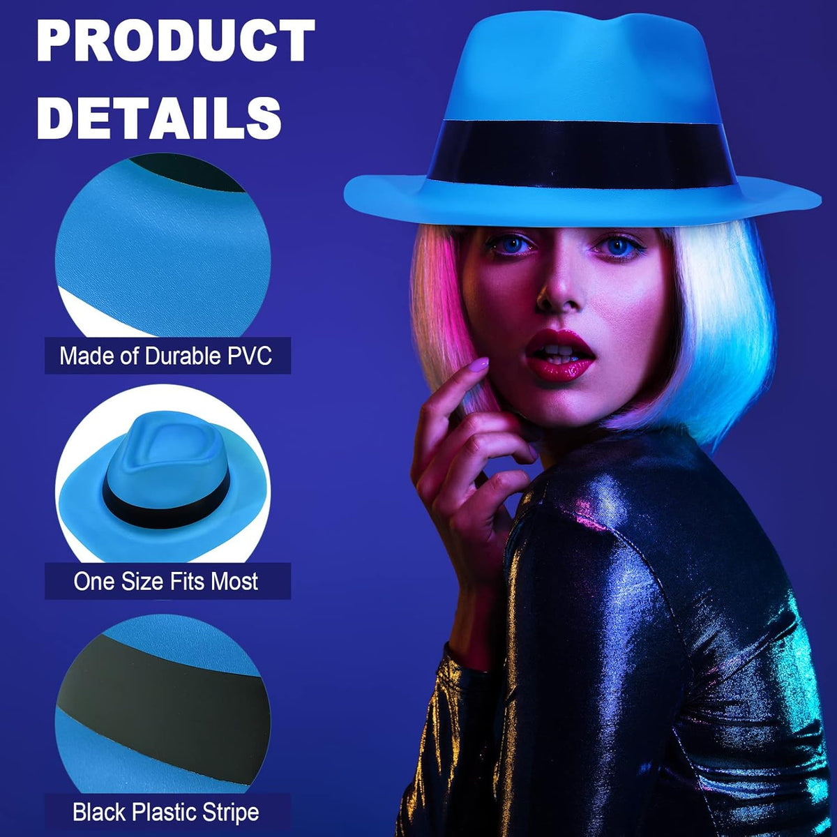 48 Pieces Neon Mafia Style Party Hats - Bright Dress Hats for Gangster Music Disco Birthday, Photo