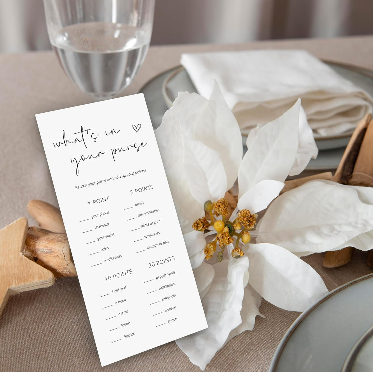 Bridal Shower Games, What's in Your Purse, 25Pcs 4x9inch Minimalist White Double-Sided Bridal Game