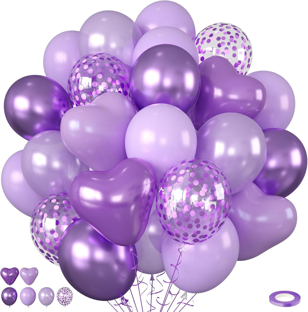 Purple Balloons, 60pcs Metallic Purple Balloons With Matte Macaron Heart Latex Balloon Confetti