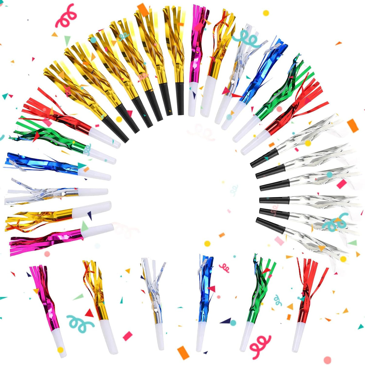24 Pcs Glitter Noisemakers, Metal Tassel Music Birthday Blowers, Horn Whistles Party Favors Blow