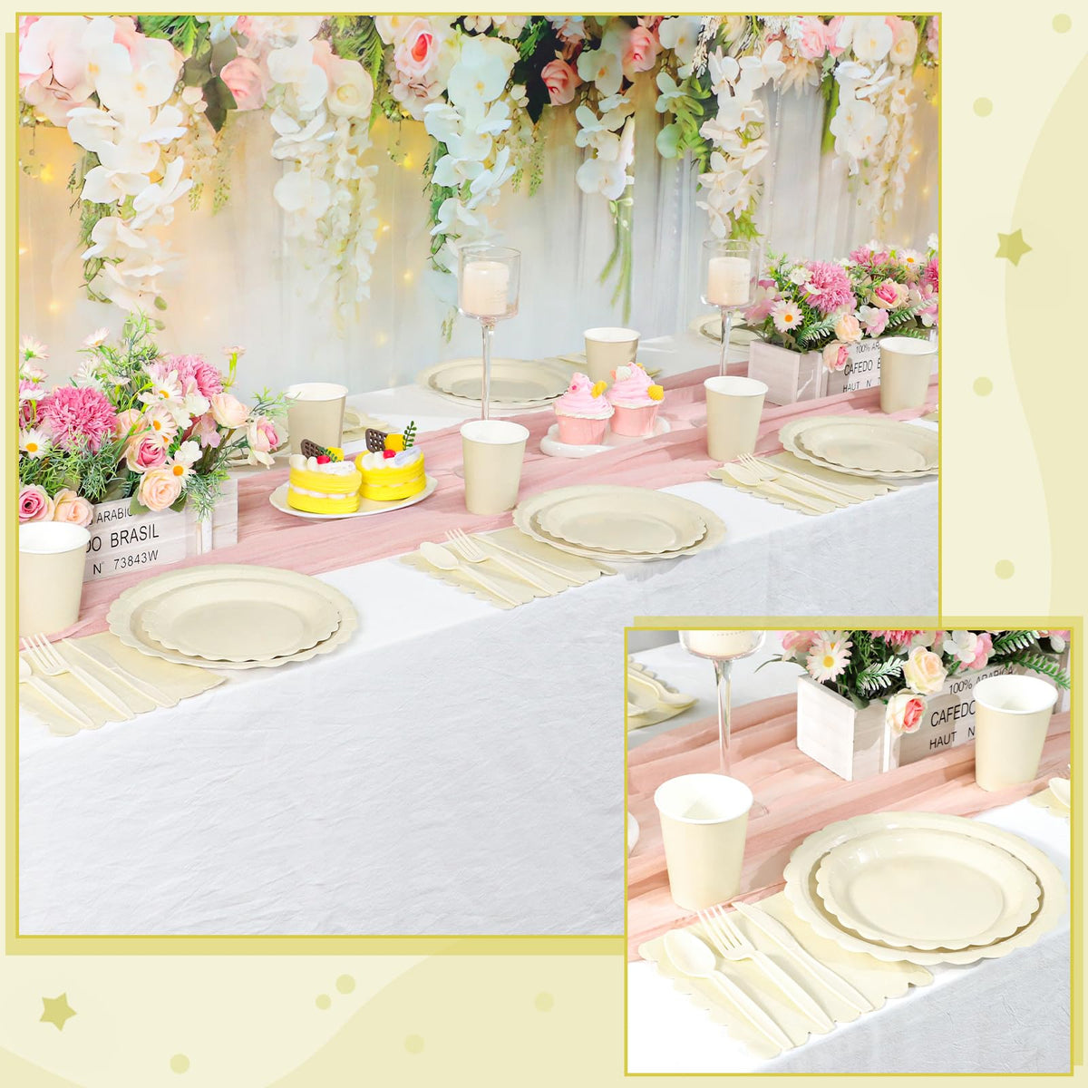 Xiangqu 25 Set Party Plates and Cups and Napkins Ivory Scalloped Dinnerware