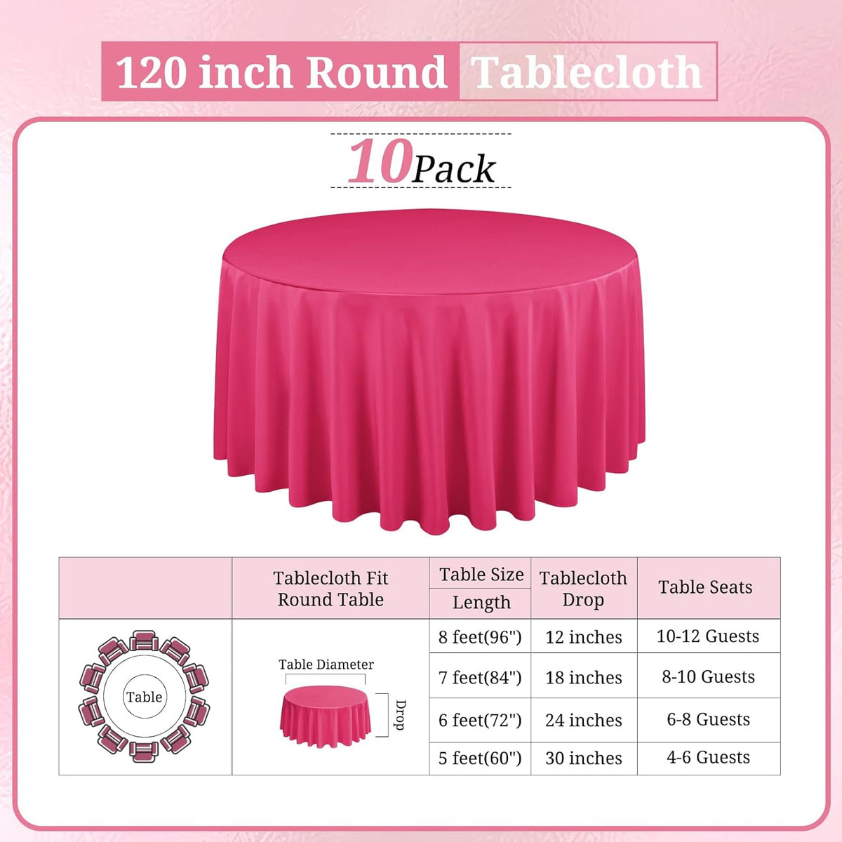10 Pack Hot Pink Round Tablecloths 120 Inch, Circle Bulk Washable Linen Polyester Tablecloth, Table