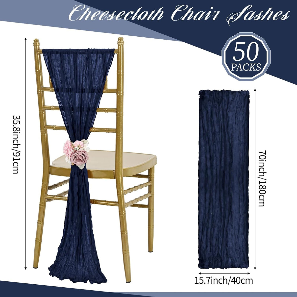 50 PCS Cheesecloth Chair Sashes, Bows Designed ChairSashes, 15.7x70 inch Chair Sashes for Aisle