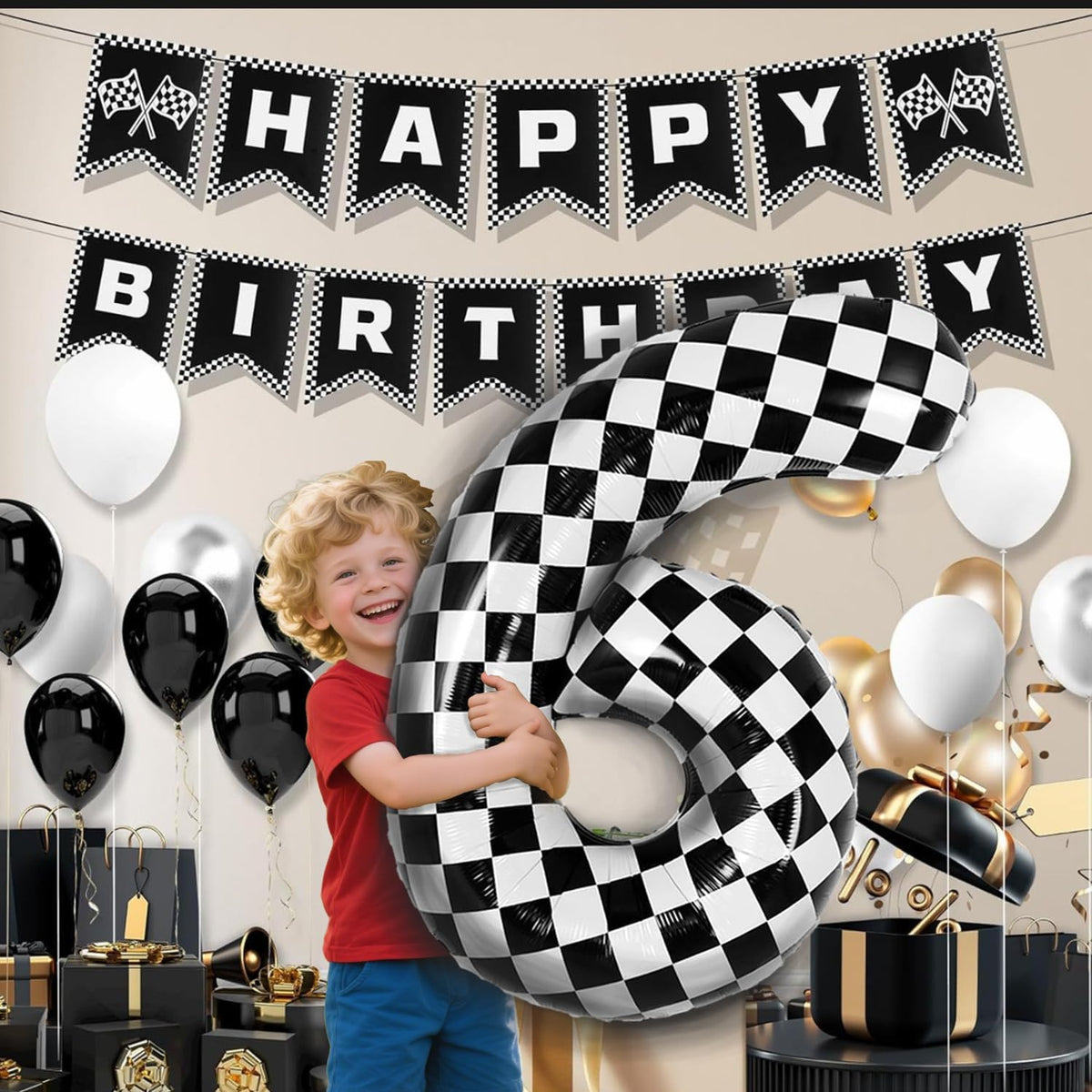 40 Inch Checkered Number Balloon - Race Flag Pattern Big Helium Balloon for Birthday Party