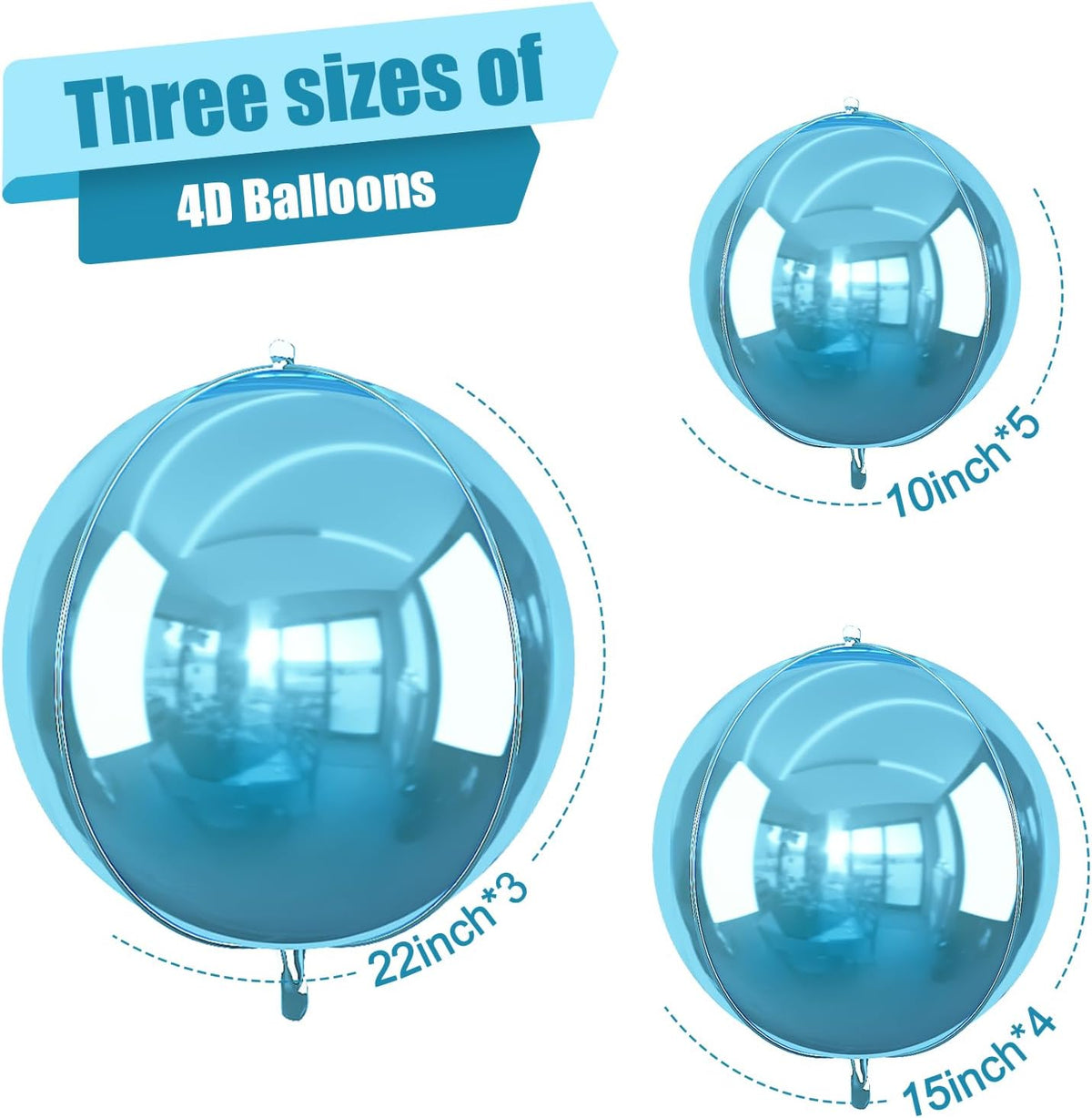 12Pcs Light Blue Round Foil Balloons, 22" 15" 10" 4D Helium Ball Balloon, Metallic Pearl Blue Foil