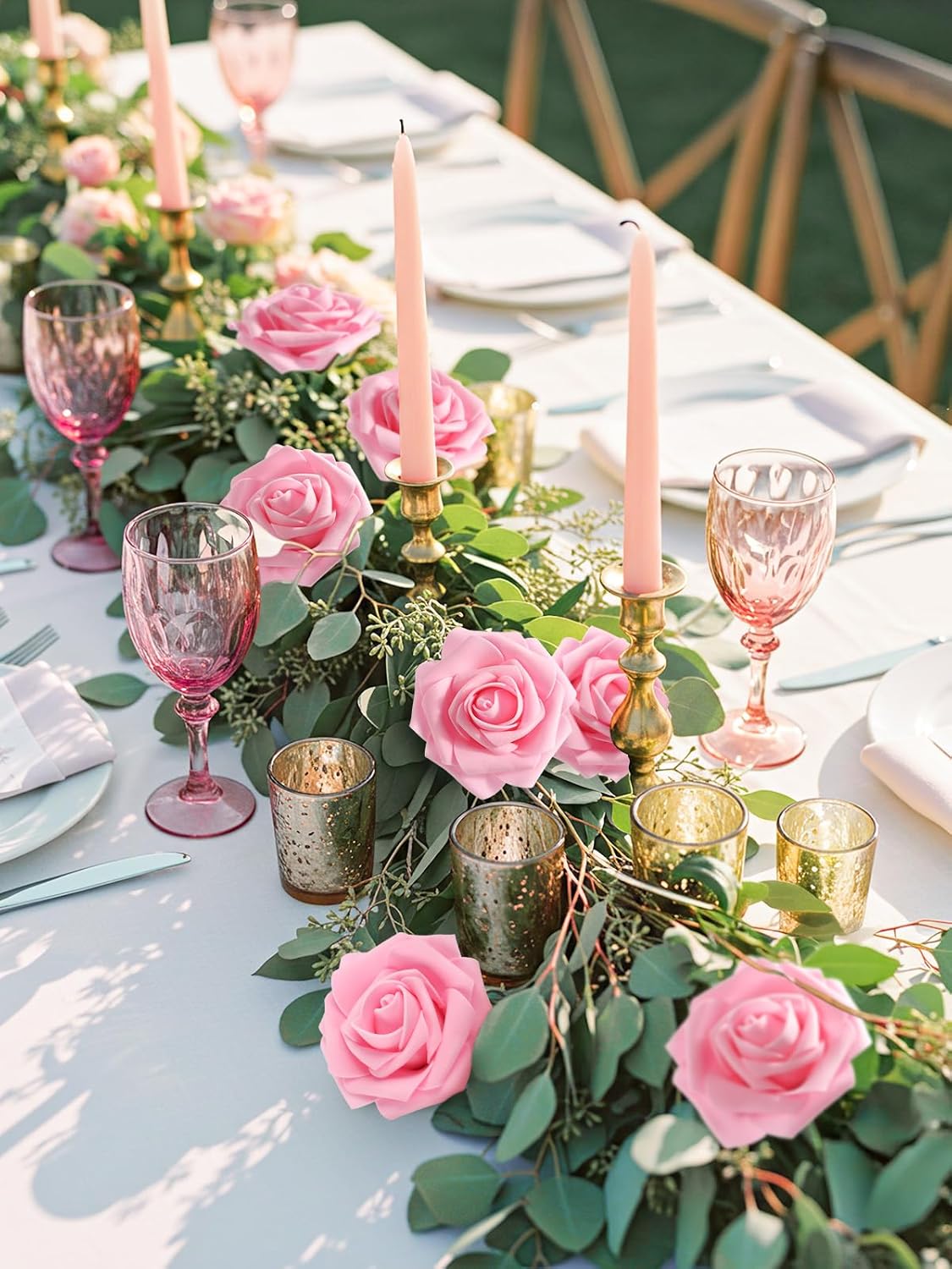 N&T NIETING Artificial Flowers Pink Roses, 25Pcs Fake Flowers Foam Roses with Stems for DIY Wedding