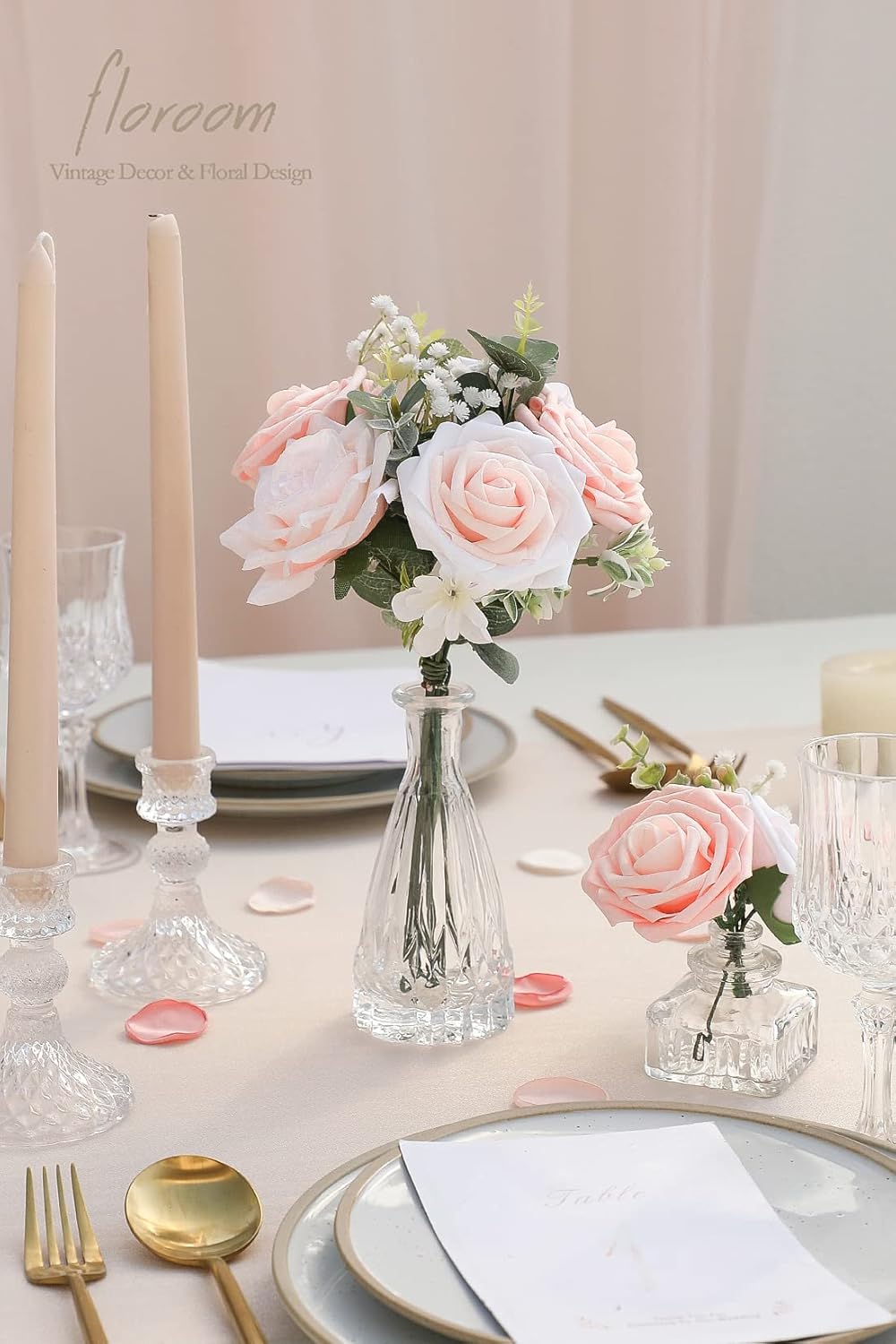 Floroom Artificial Flowers 25pcs Real Looking Blush Shades Foam Fake Roses with Stems for DIY