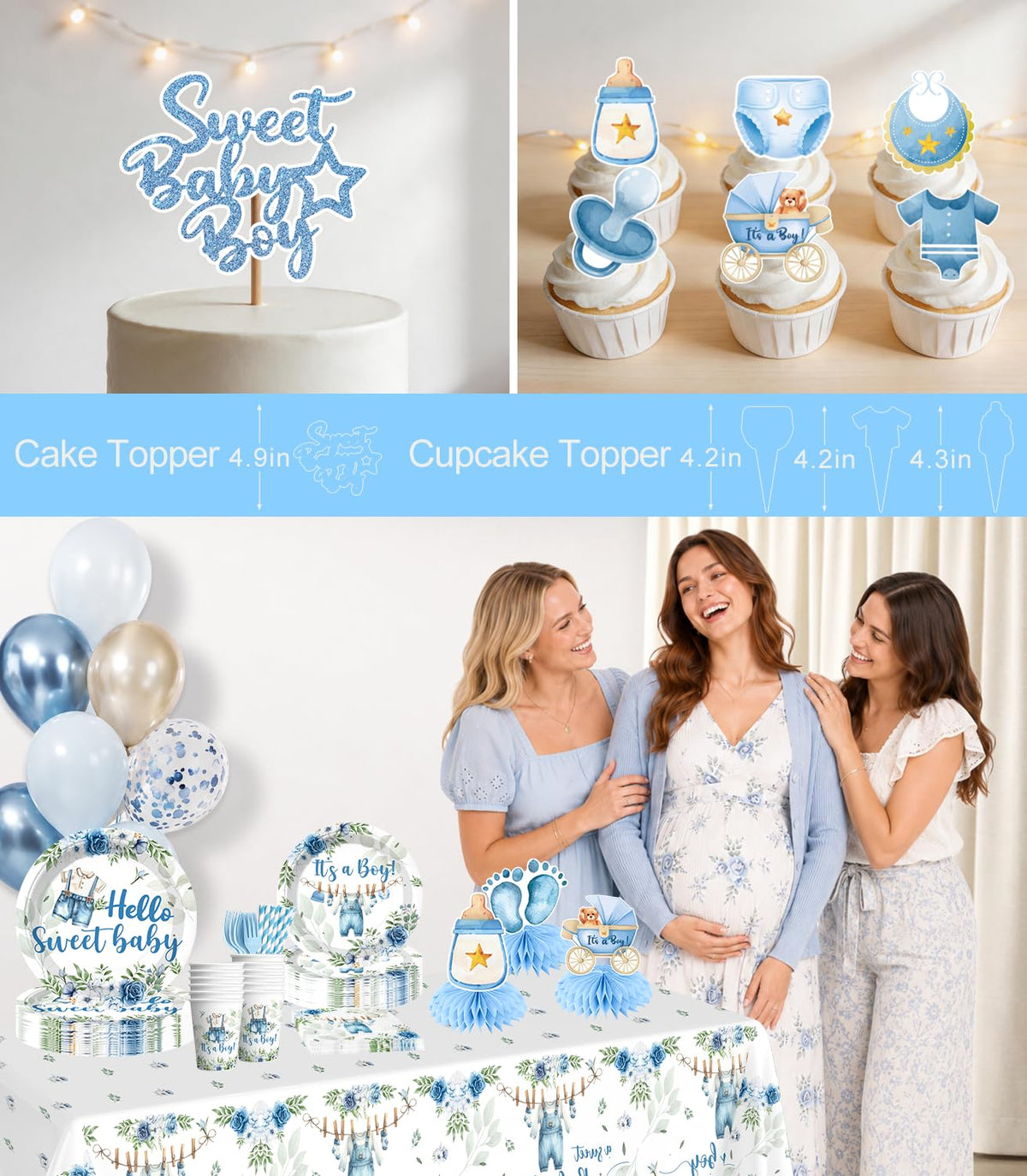 213Pcs Cocomigo Blue Baby Boy Shower Decorations Tableware Set, Serves 25