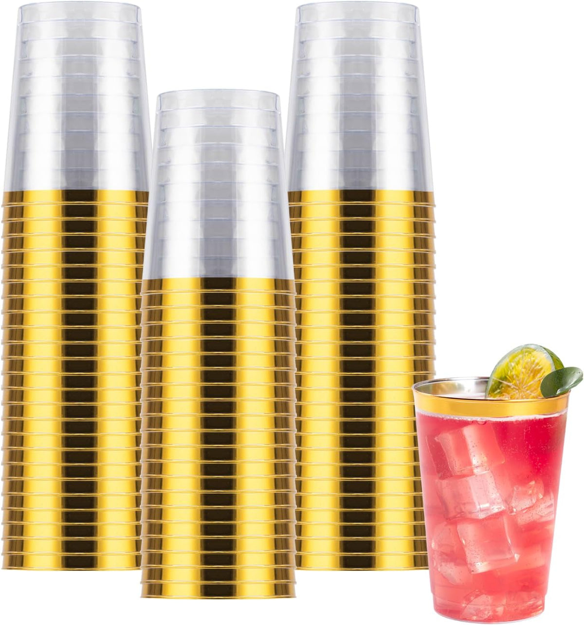 Goodluck 50PCS 10oz Gold Plastic Cups for Party, Disposable Gold Rim Cups, Plastic Cocktail Glasses