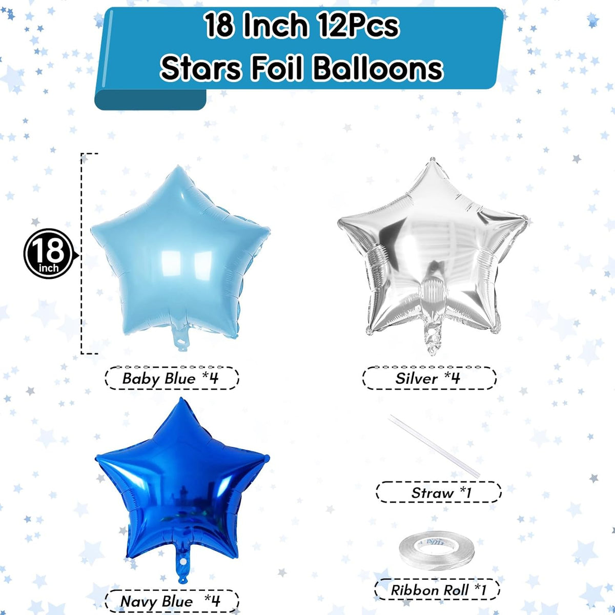 Blue Star Foil Balloons, 18 Inch Royal Blue Silver Stars Shape Mylar Helium Balloons 12 Pcs Large