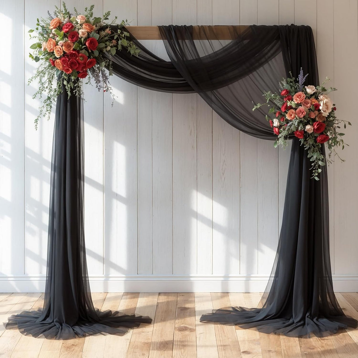 Wedding Arch Draping Fabric,2 Panels 18FT Black Sheer Chiffon Curtain Drapes 6 Yards for Wedding