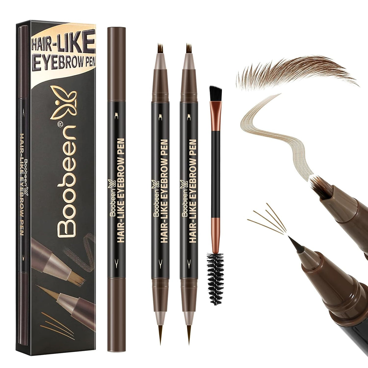 Boobeen 2pcs Waterproof Eyebrow Pen，Dual-Ended Eyeliner Microblading Eyebrow Pencil for Women，Long