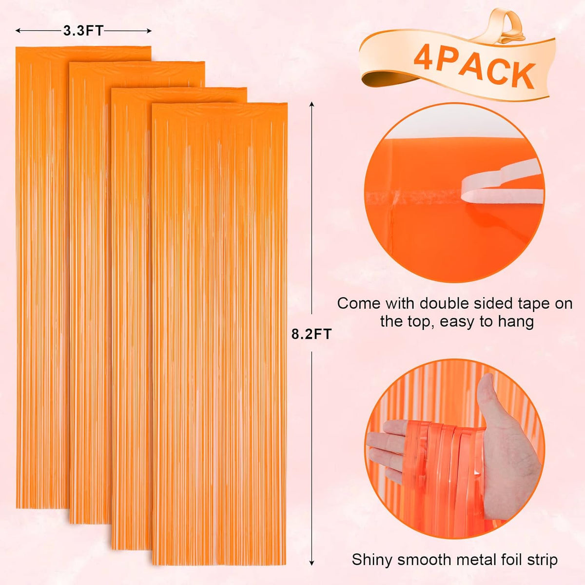 4 Pack Orange Foil Fringe Backdrop Curtains, Tinsel Streamers Birthday Party Decorations, Fringe