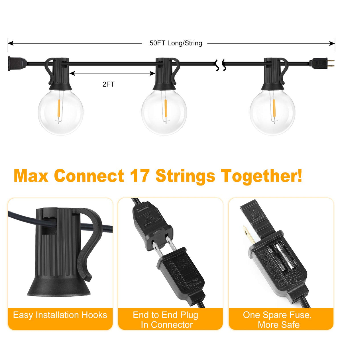100ft 2-Pack Outdoor String Lights, G40 LED Globe Waterproof Patio Lights