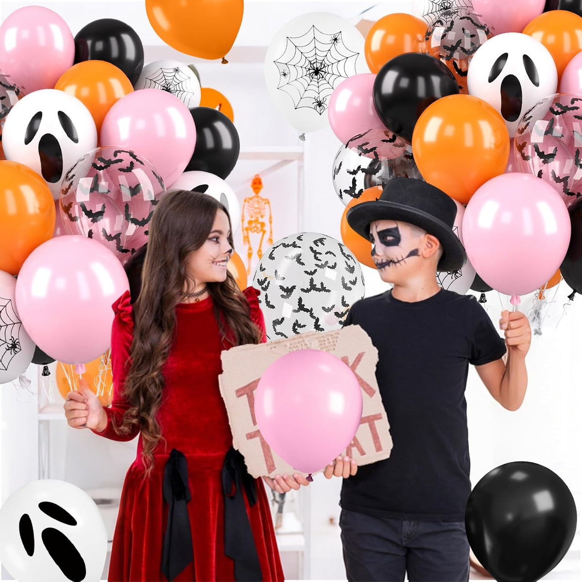 Pink Black Halloween Balloons Set, 50 Pcs White Spider Print Balloons, 12 Inch Pastel Pink Black