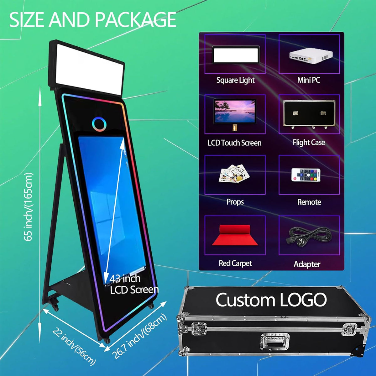 65''Magic Mirror Photo Booth Machine,Mirror Photo Booth 43''Touch Screen,Photo Booth with Flight