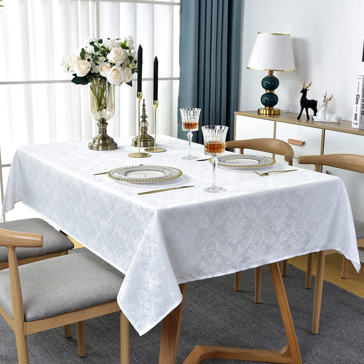 SASTYBALE White Tablecloth Rectangle 60 x 120 Inch Jacquard Damask Tablecloth, Spill Proof &