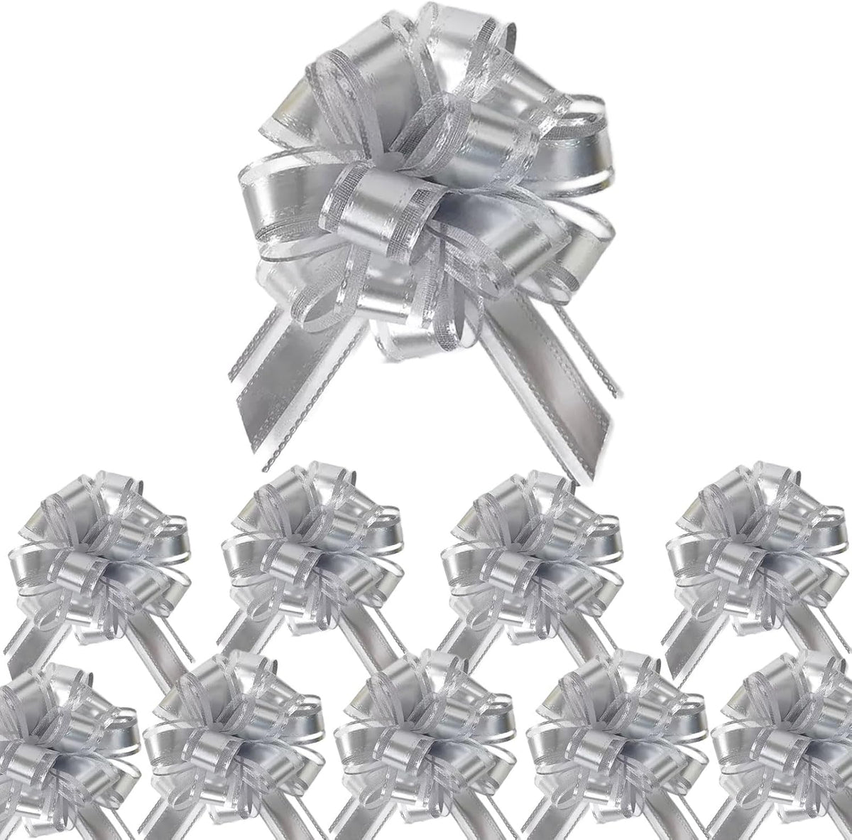 Small Pull Bows, 10 PCS 4 Inch Silver Gift Bows for Wrapping,Basket, Wedding,Birthday Party,Flower