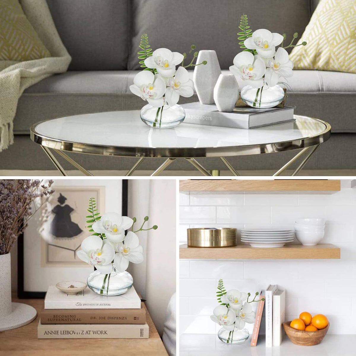 White Orchids Artificial Flowers Faux Orchids Arrangement in Clear Glass Vases Set of 3 Real Touch