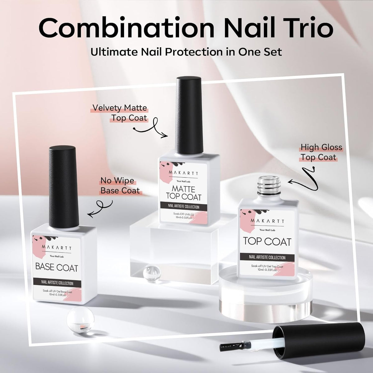 Makartt No Wipe Gel Top and Base Coat Set – Matte & Glossy Finish, 3pcs Soak-Off Long Lasting Gel