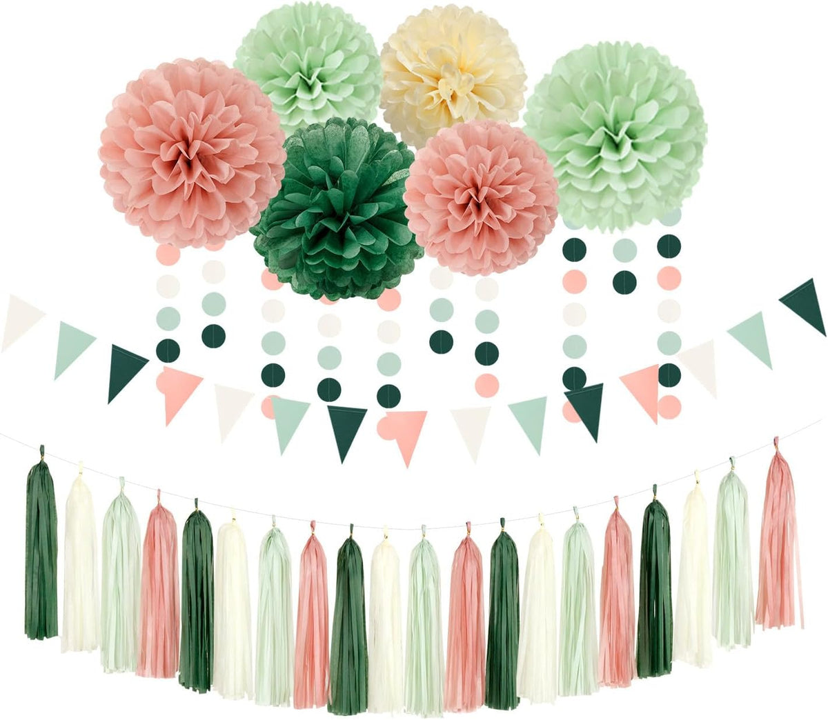 Sage-Olive Green Pink-Beige Boho Party Decorations -23pcs Rustic Neutral Wedding Paper Tissue Pom