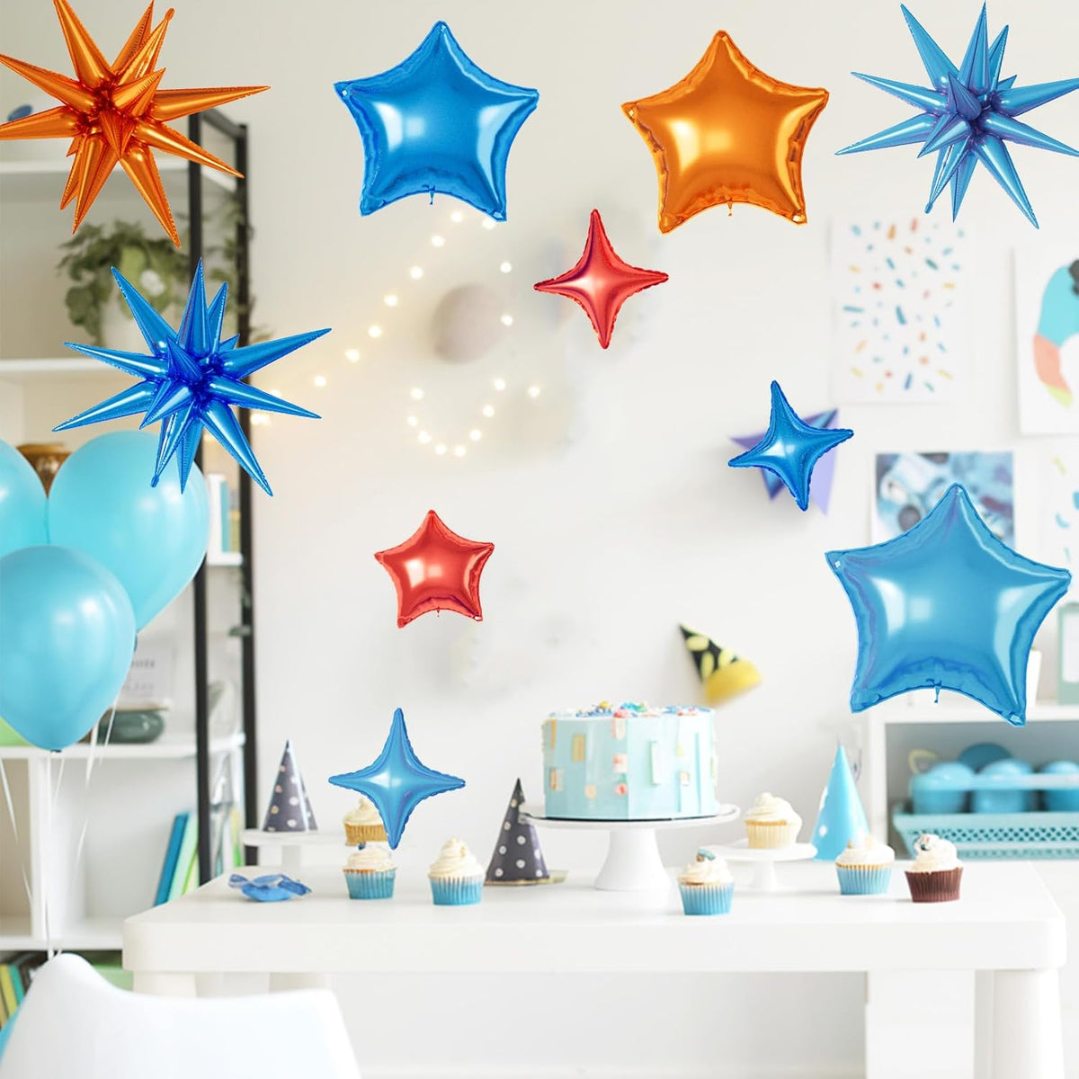 16 Pcs Orange and Blue Star Balloons, 22/18/10 Inch Foil Balloons, Four-Pointed Balloon for Kids