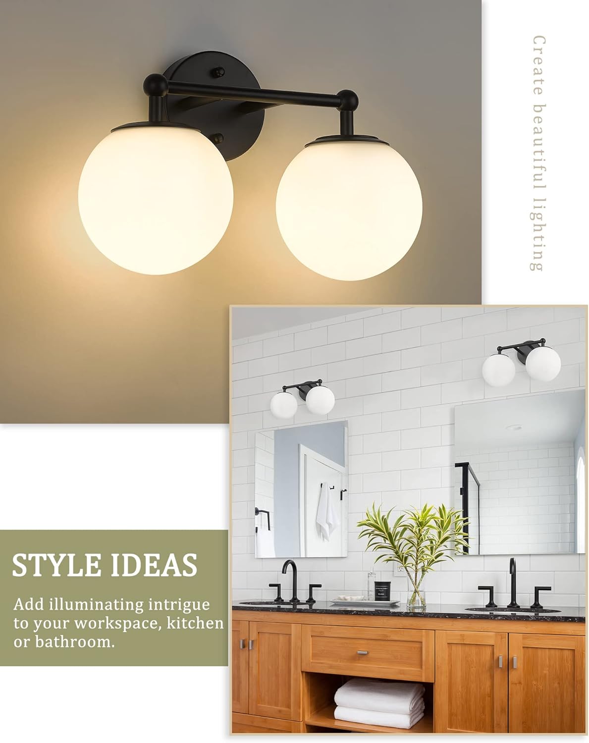 Black Vanity Light, 2 Light Black Modern Bathroom Light Fixtures Over Mirror with White Milk White