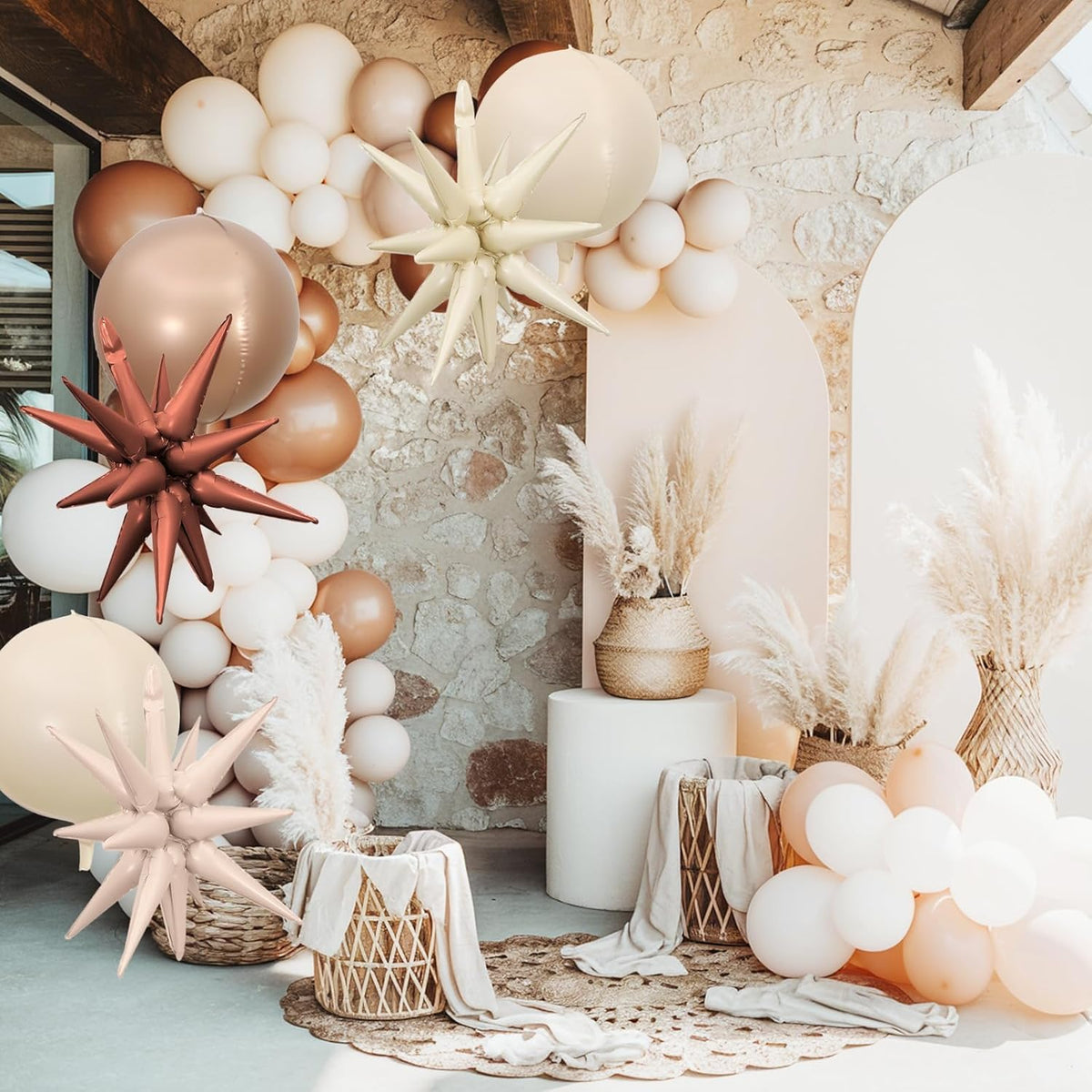 6Pcs Sand White Brown Foil Balloons,22Inch Cream Beige 4D Round Ball Balloon and Explosion Star