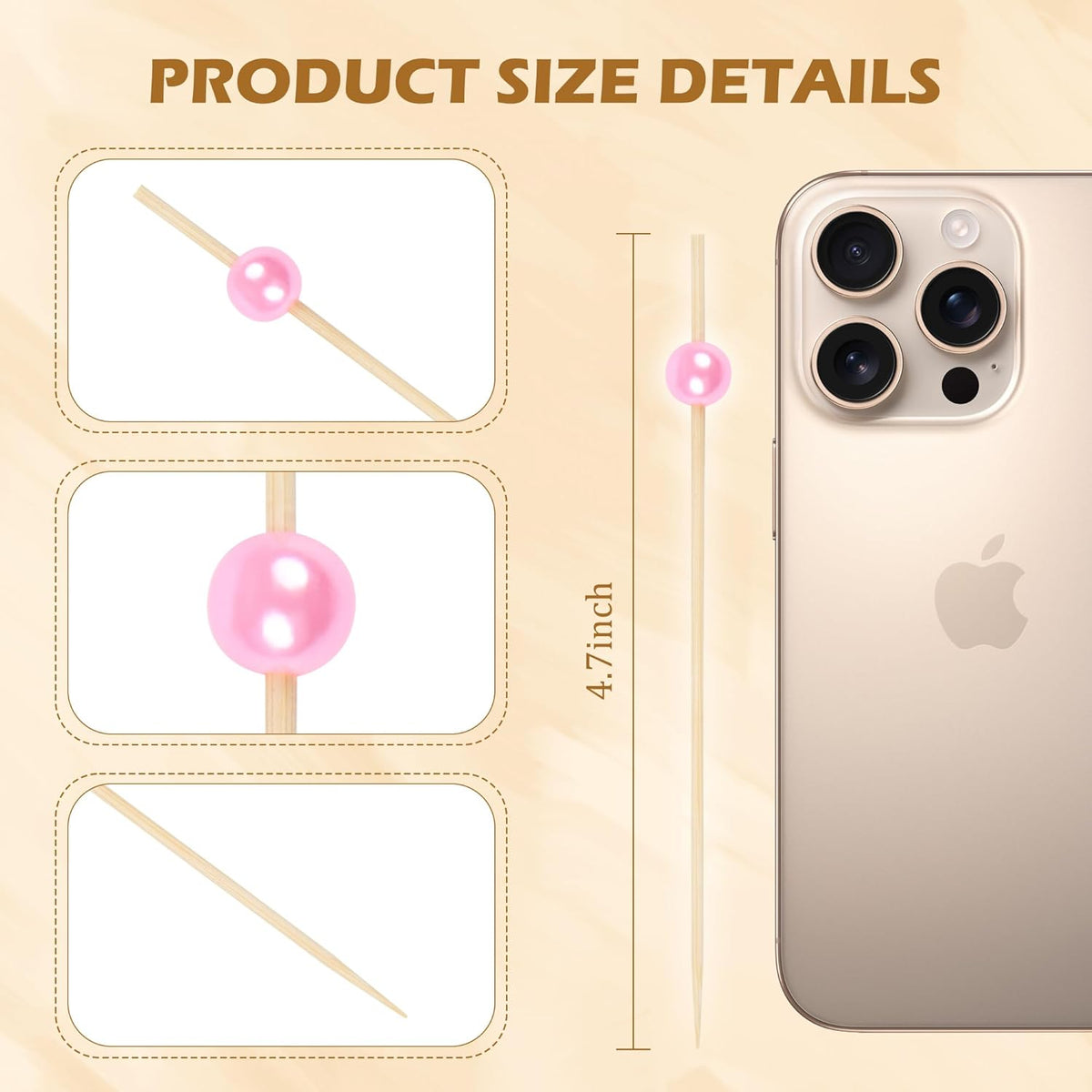 300Pcs Fancy Toothpicks for Appetizers,4.7Inch Pink Pearl Cocktail Picks For Drinks,Bamboo