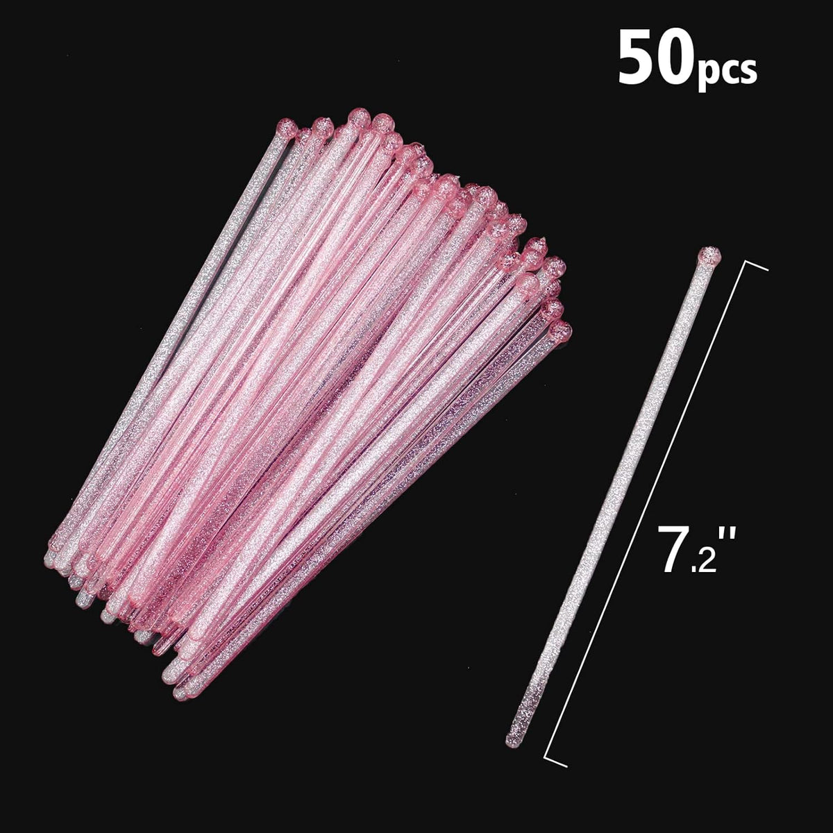 50-PCS Pink Glitter Plastic Swizzle Sticks, Crystal Cake Pops, Cocktail Coffee Drink Stirrers