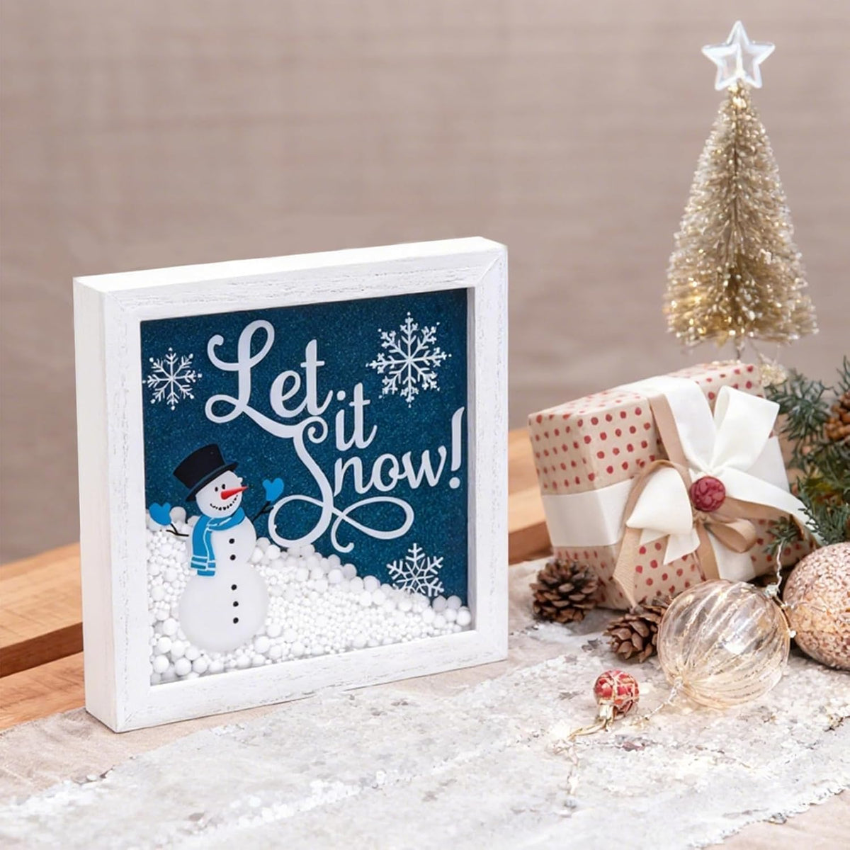 Christmas Wooden Tabletop Sign Blue Snowman with Snowflake Block Sign Xmas Table Centerpiece for