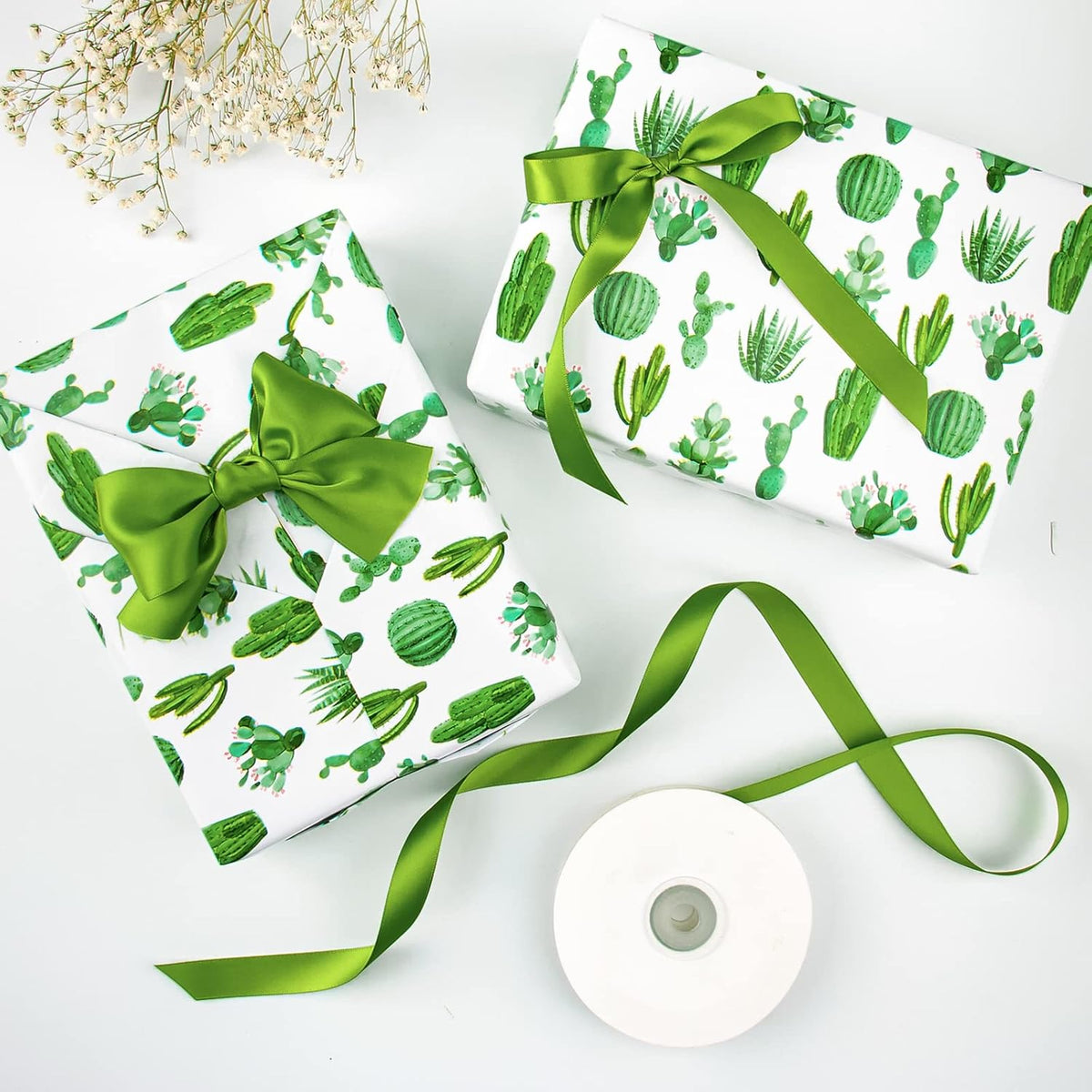 WRAPAHOLIC Reversible Cactus Wrapping Paper - Mini Roll - 17 Inch X 33 Feet - Watercolor Green