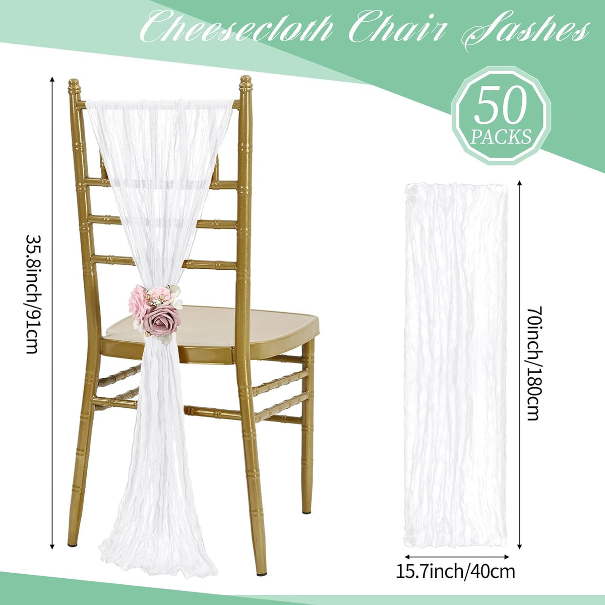 50 PCS Cheesecloth Chair Sashes, Bows Designed ChairSashes, 15.7x70 inch Chair Sashes for Aisle