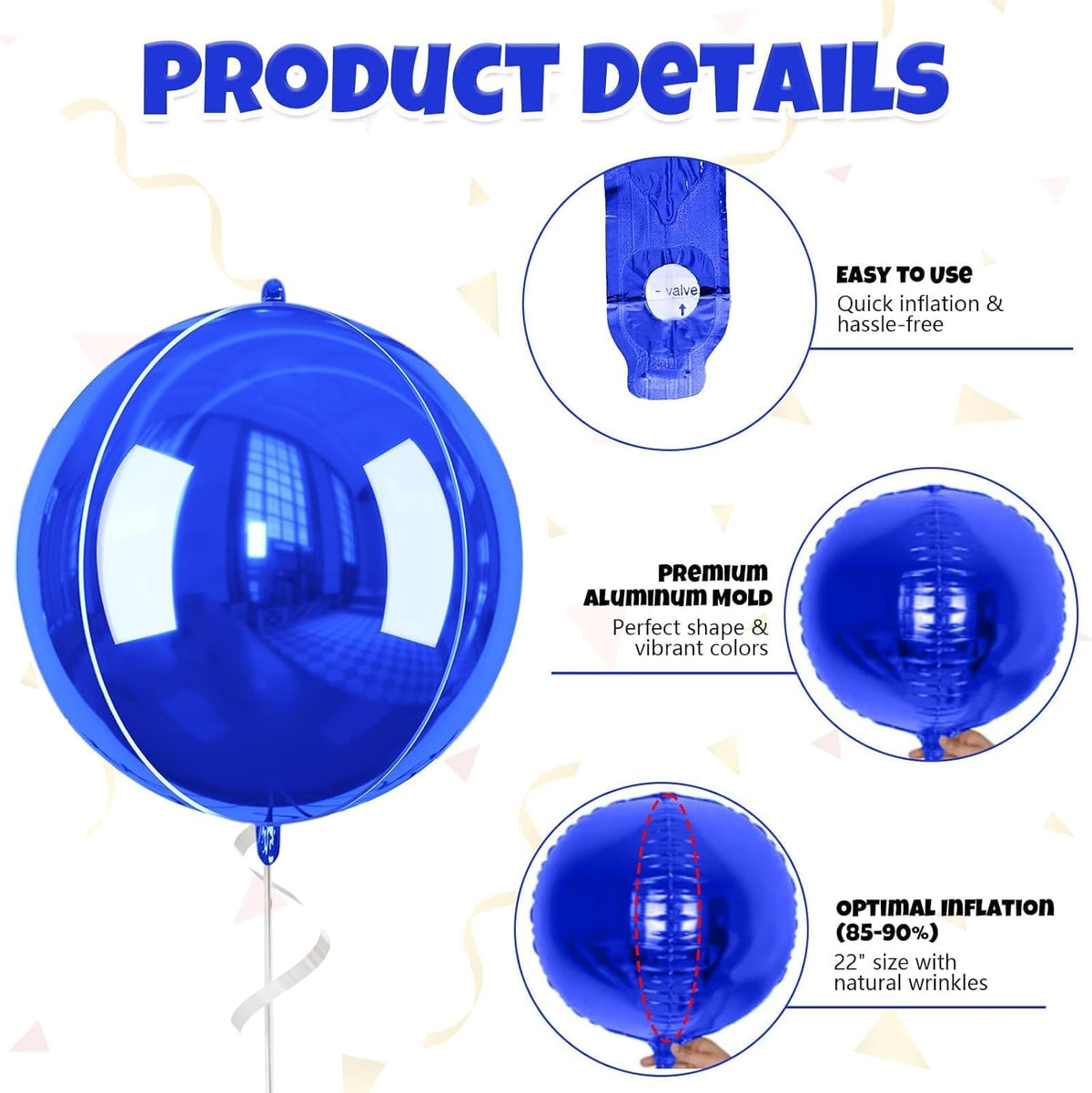 Giant 4D Foil Balloons, 6Pcs Large Metallic Royal Blue Round Balloons, 22 Inch Big Round Foil