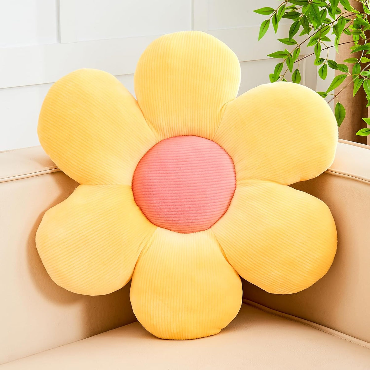 Yellow Flower Pillow, 19.6" Cute Flower Shaped Floor Pillow, Aesthetic Floral Plush Daisy