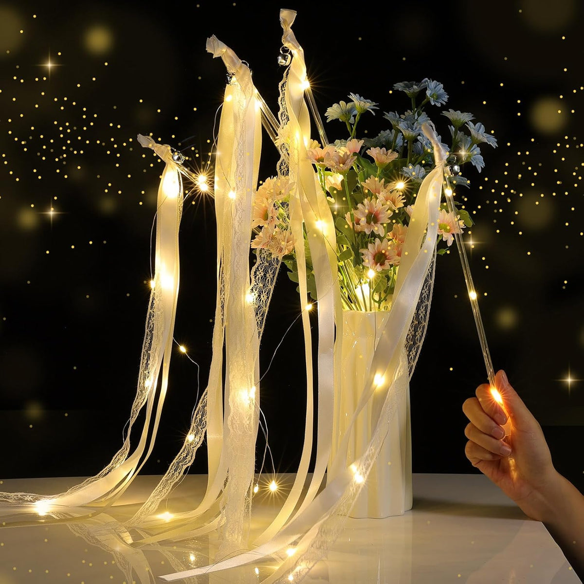 50 Pcs Wedding Wands Ribbon Streamers with 3 Colorful Flashing Modes, Light up LED Silk Fairy