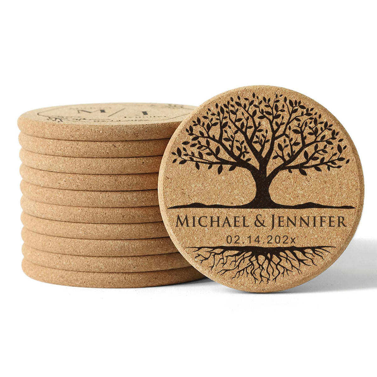 Personalized Cork Coasters - Custom Engraved Wedding Favor,Natural Round Drink Coasters, Bulk Guest