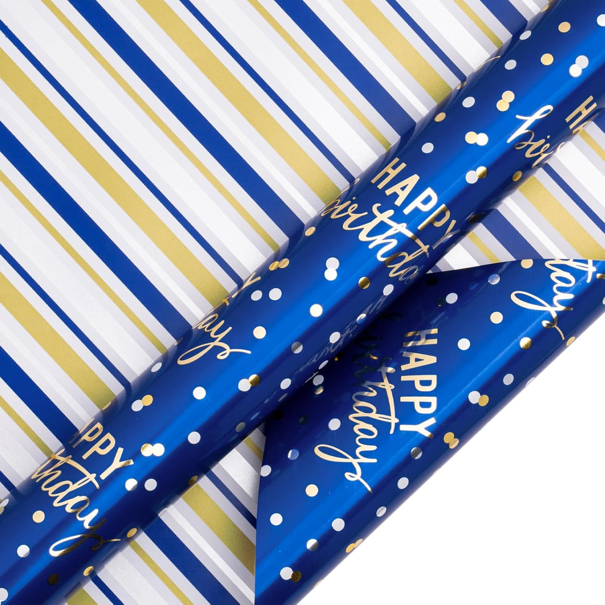 LeZakaa Reversible Blue Birthday Wrapping Paper Roll for Boys Men, Happy Birthday Lettering &