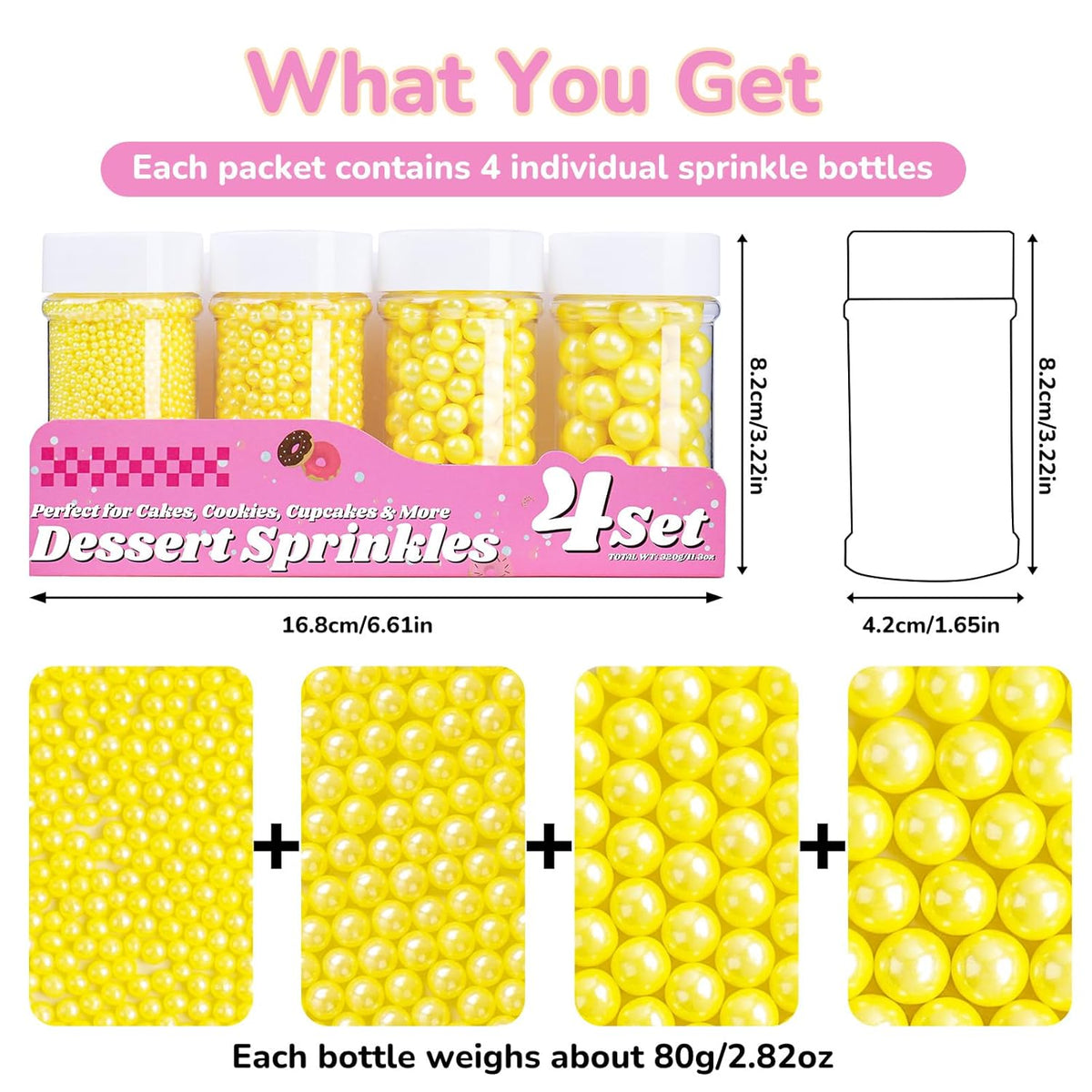 Yellow Pearl Sprinkles for Cake Decorating, 11.3 Oz Edible Pearls Sugar 4 Sizes Gift Box Set for