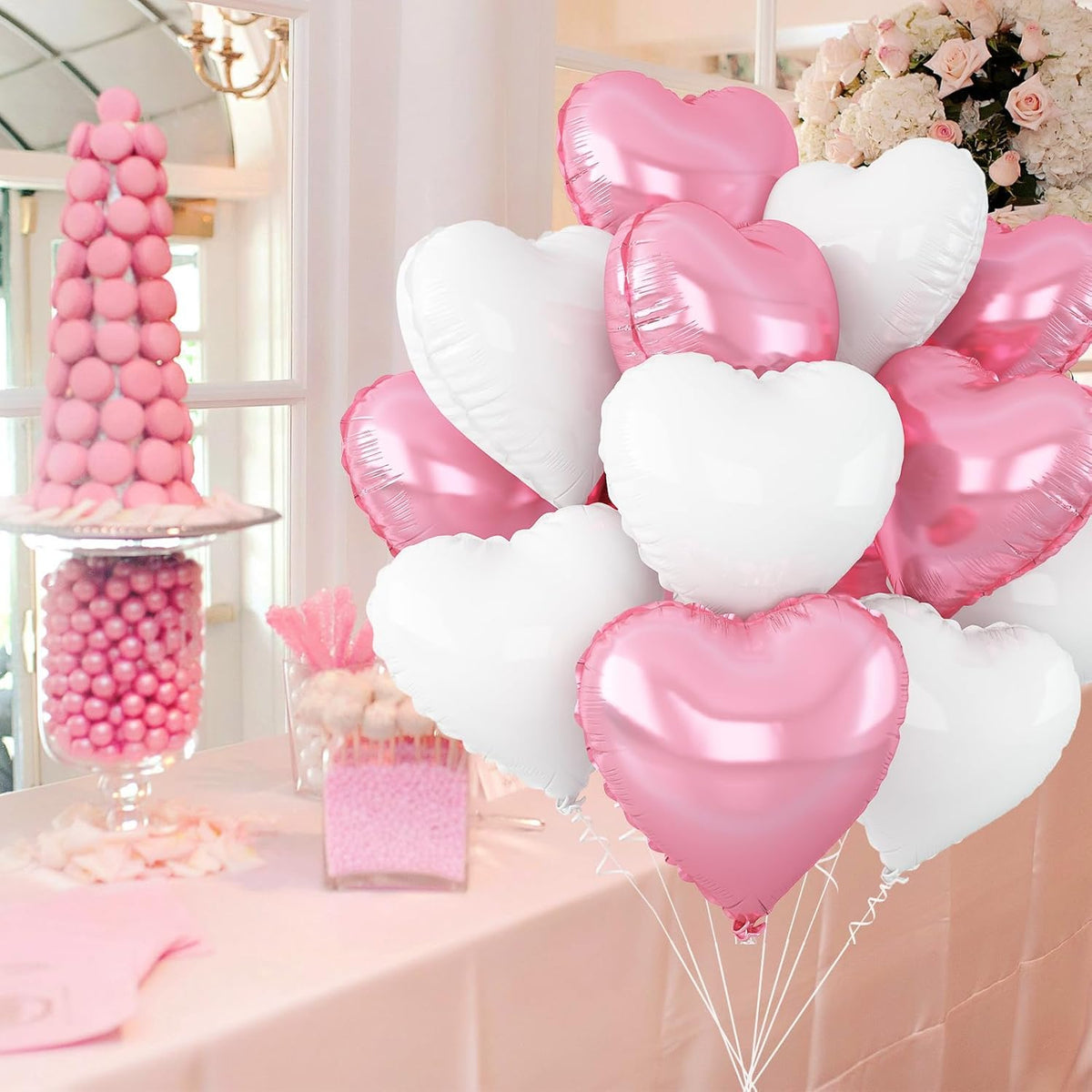 Pink White Heart Balloons,12Pcs Light Pink Heart Shaped Foil Balloons,18Inch White Helium Polyester