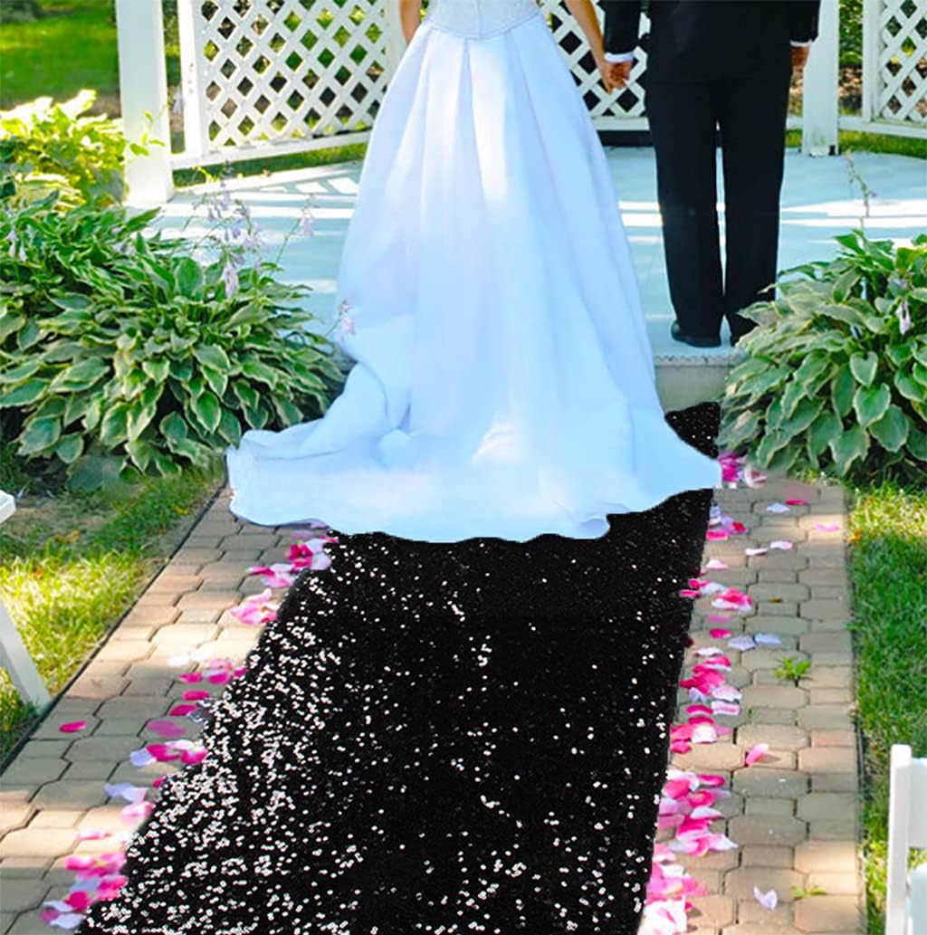 ShinyBeauty 4FT x 15FT Black Aisle Runner Tape | Shimmer Fabric Wedding Floor Runners with Glitter