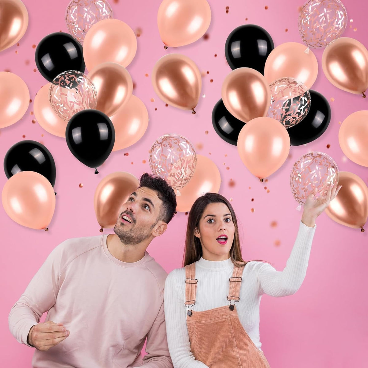 Rose Gold and Black Balloons Set, 12 inch Metallic Rose Gold Balloons Pearl Rose Gold Confetti