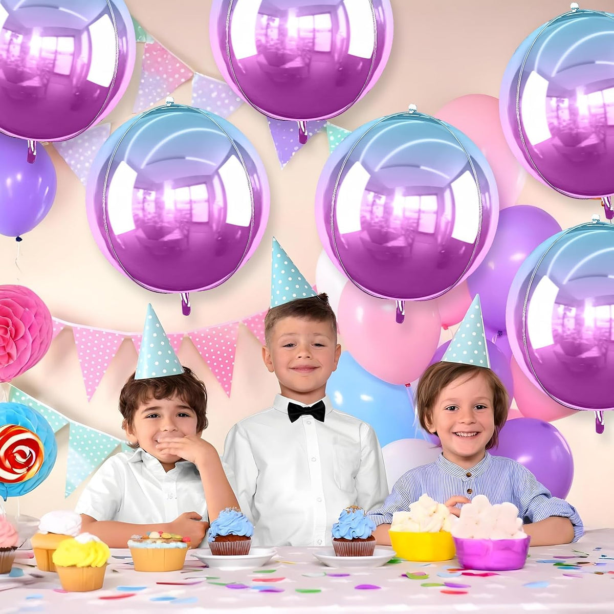 6Pcs Gradient Purple Round Foil Balloons, 22" Large Helium Ball Mylar Balloon, Metallic Purple Foil