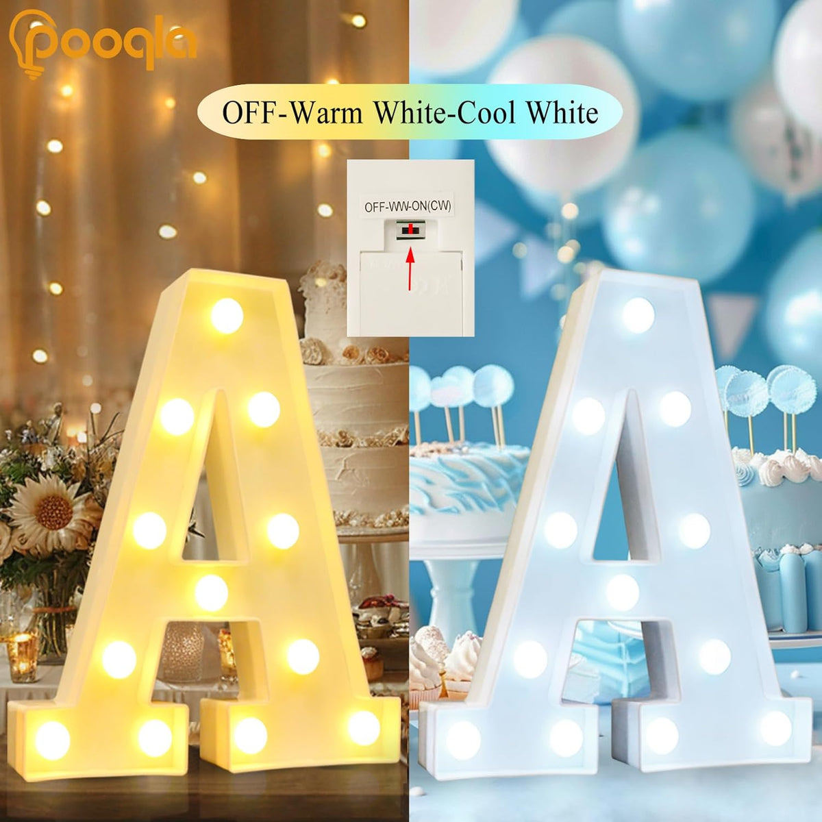 Pooqla LED Marquee Letter Lights, Warm White and Cool White Decorative Lighted Letters, Light Up