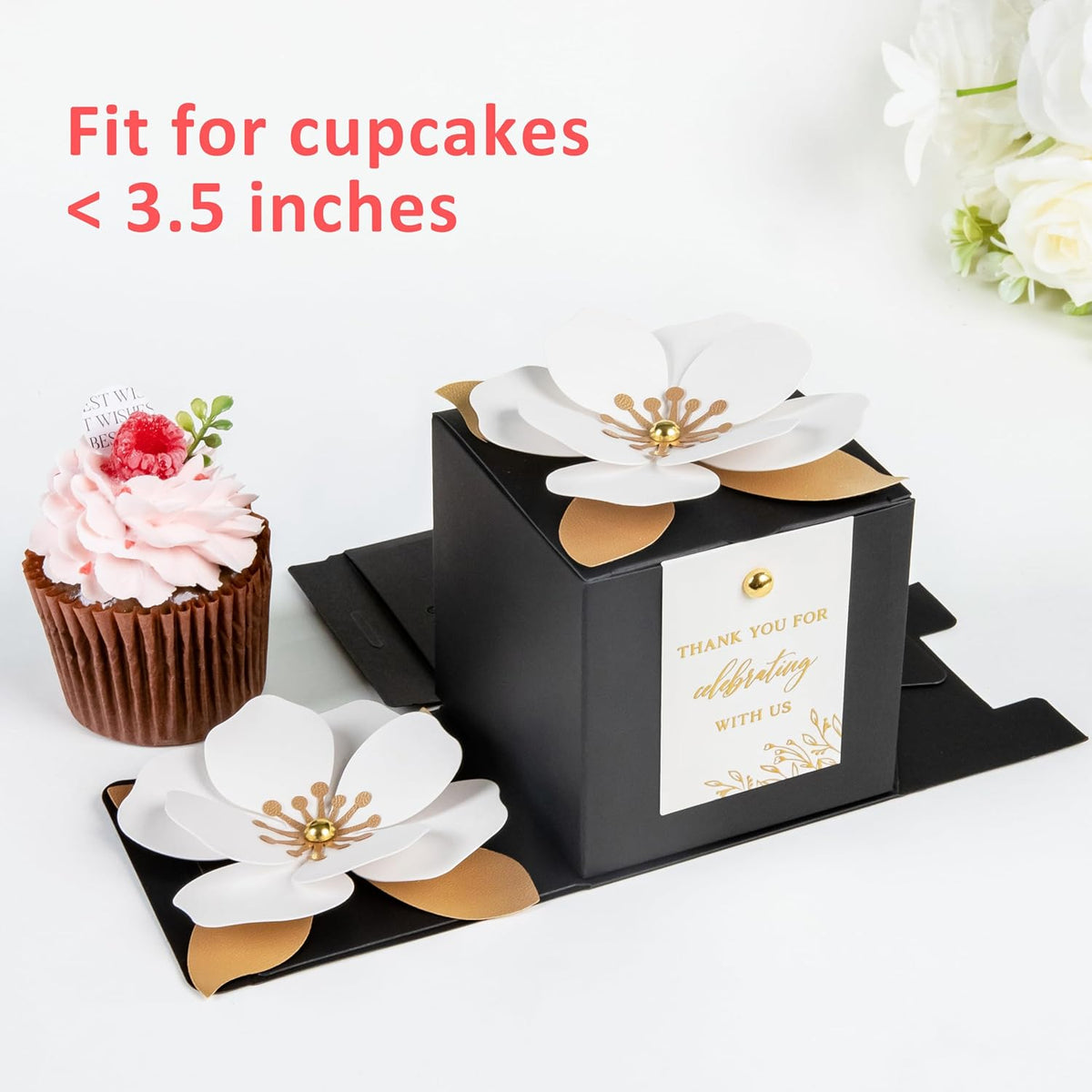 FEIYI 20 PCS Black Gift Boxes, 3 In 1 Favor Boxes with Floral Decor, White Thank You Tags Cupcake