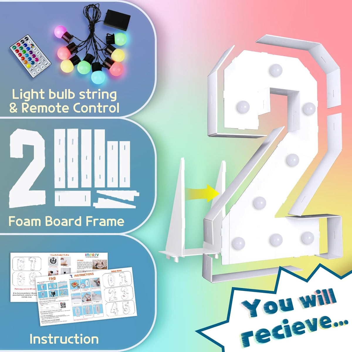 imprsv 3FT Colorful Marquee Numbers,18 Colors Number 2 with Remote, Light Up Numbers Sign for 12th