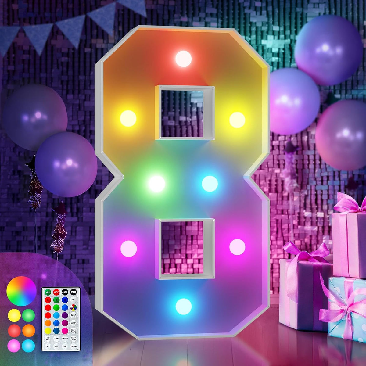 imprsv 3FT Colorful Marquee Numbers,18 Colors Number 8 with Remote, Light Up Numbers Sign for 1st