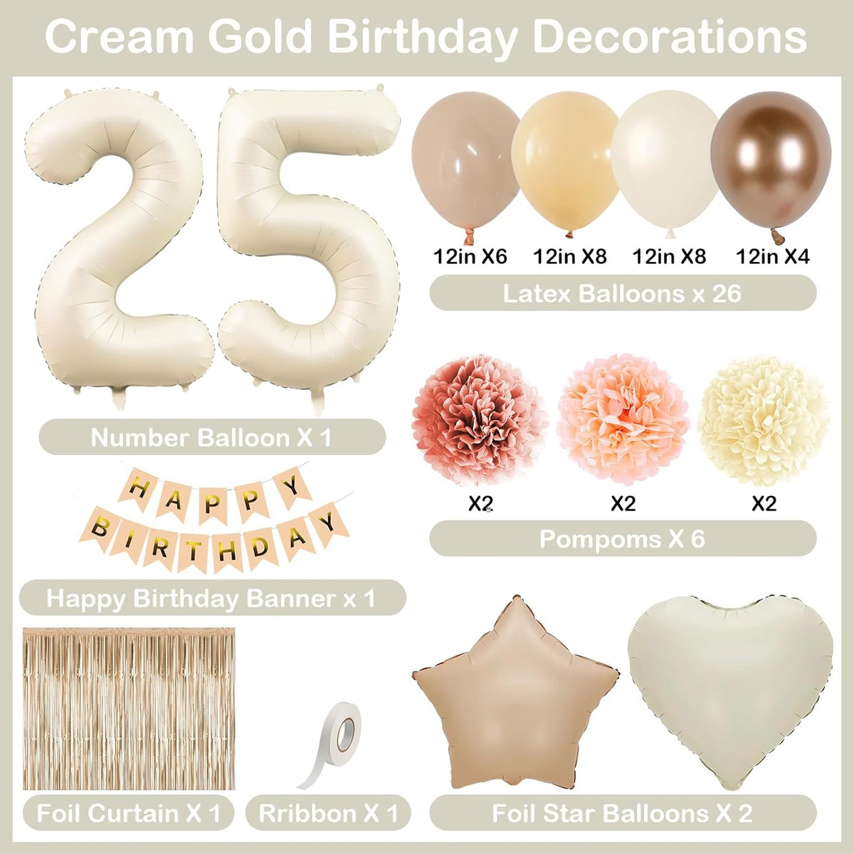 Beige 25th Birthday Decorations for Her Cream Number 25 Balloon Nude Gold Happy Birthday Banner